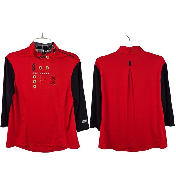 Jamie Sadock Red Black Grommet Offset Zip 3/4 Sleeve Activewear Top Shirt M - Picture 1 of 1